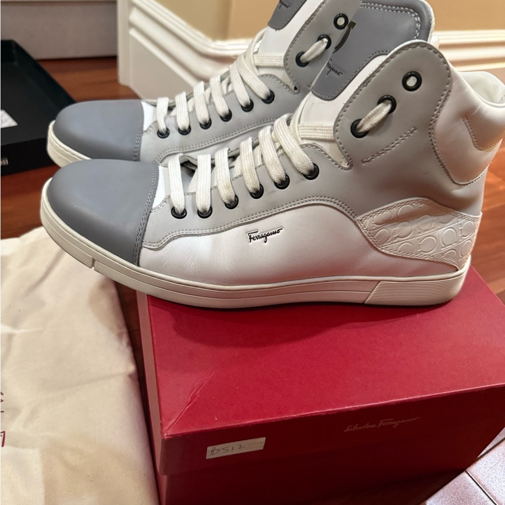 SALVATORE FERRAEGAMO GANCINI EMBOSSED HIGH TOP SNEAKERS IN WHITE AND GREY